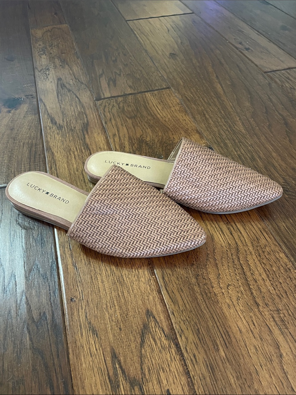 Lucky Brand Woven Blush-Tan Pointed Slip-On Mules